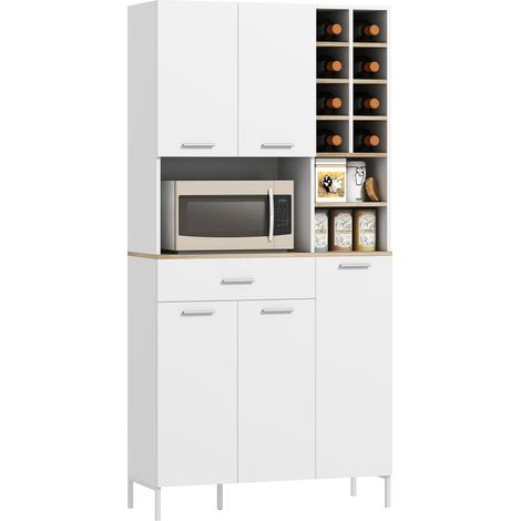 Meuble de cuisine avec étagères ouvertes, compartiments, casier à vin, armoire garde-manger à 5 portes, MDF, blanc. produit de haute qualité,  durable et pratique.