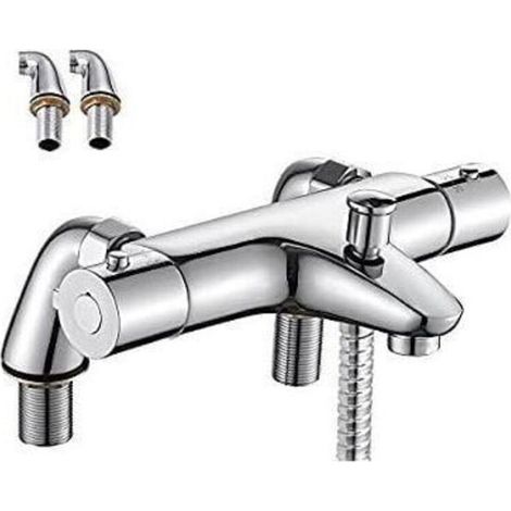 Mitigeur Thermostatique Baignoire - Robinet Thermostatique Bain Douche avec Bouton de Sécurisé à 38°C - Robinets de douche Thermostatique pour Baignoire - Laiton - Anti-brûlure