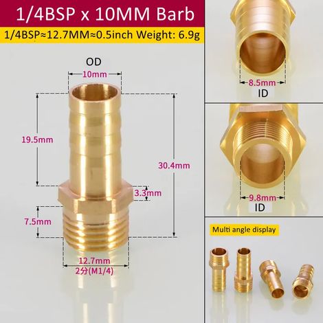 Raccord de tuyauterie en laiton (1l4BSP 10 mm Barb-CN) 6/8/Tuyau, embout cannelé, connecteur mâle BSP, adaptateur de coupleur en cuivre (1/5)