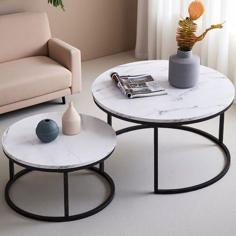 Runde Couchtische - TANANT - Set von 2 - Schwarz Metall - Skandinavisches Design - Marmorplatte