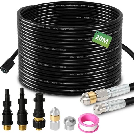 Kit de nettoyage de canalisations Jopassy 20 m, avec buses rigides et rotatives, 3 adaptateurs, pour nettoyeurs haute pression standard, kit universel (1/5)