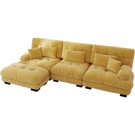 ELVMI Divano angolare modulare 5 posti con ottomana e cuscini, Design Vintage, in Chenille, Giallo (1/5)
