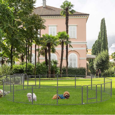 Recinto modulare per cuccioli 16 segmenti, box pieghevole con porta bloccabile, acciaio grigio (1/4)