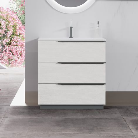 Saniverre – Meuble bas de salle de bain sur pied avec vasque simple encastrée L.80 cm – 3 tiroirs coulissants – Finition chêne blanc (1/5)