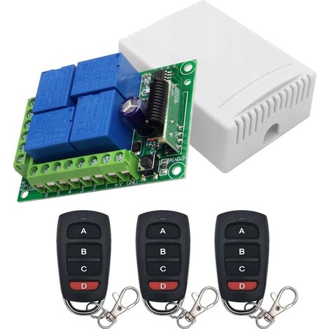 Récepteur de relais sans fil : 4 canaux 433 MHz RF Relais Récepteur avec 3 émetteurs radiocommandé, DC 12V Moteur Télécommande Interrupteur pour moteur, porte de garage, lumière, rideau (1/5)