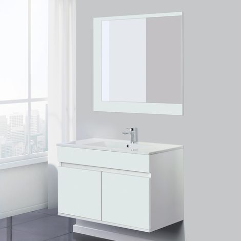 Composizione Bagno Sospesa 90 cm in Legno Bianco con 2 ante (1/3)