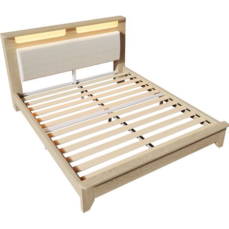 Cama doble 140x200 cm roble claro con cabecero con almacenaje, LED y pana beige (1/5)