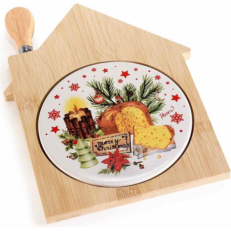 Set apéritif planche maisonnette en bambou et céramique décor douceurs de Noël avec couteau, set de 4, planche : 19,5 x H. 25 cm