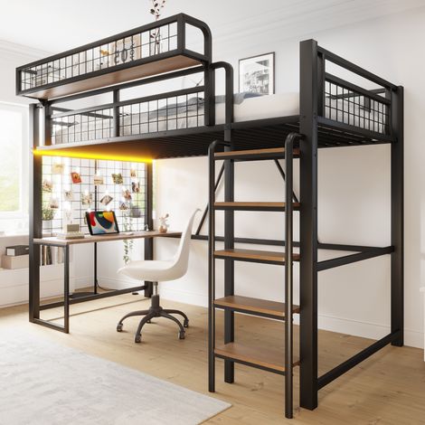 Lit mezzanine en métal 90 x 200 cm, avec bureau, filet de rangement astucieux, panier de rangement amovible, éclairage LED et prise électrique, avec échelle et barrière de sécurité, noir (1/4)