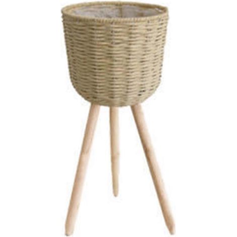 Panier de rangement tressé pour sol, avec pieds en bois, support pour pot de fleurs, cache-pot décoratif.