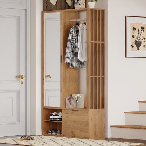 Ensemble d'entrée avec miroir, banc à chaussures, meuble à chaussures, armoire d'entrée et étagère murale — Organiseur d'entrée compact — Comprend 1 tiroir et 2 placards, vaste espace de rangement