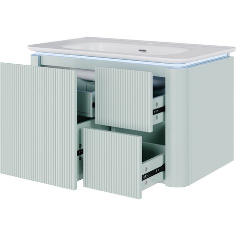 Meuble sous lavabo mural vert en MDF laqué avec poignée intégrée et éclairage LED, 80,5 x 47,5 x 51 cm (1/5)