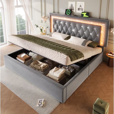 Polsterbett 140x200 cm mit LED und USB-C, grau HAVRYA (1/5)