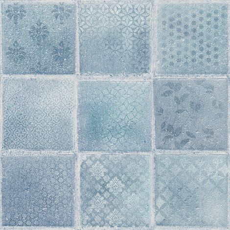 BRICOFLOR Papier peint carreaux de ciment | Papier peint salle de bain & cuisine | Papier peint bleu marine | Papier peint imitation carrelage - 10,05 x 0,53 m (1/5)