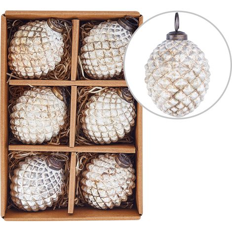 Conjunto de 6 bolas de Navidad de cristal hechos a mano adornos para colgar del árbol de Navidad efecto envejecido blanco crema Ivoire (1/5)