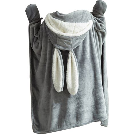 Couverture à capuche portable en polyester peluche avec oreilles de lapin, jeté de lit doux et chaud pour la maison, gris foncé, grande taille