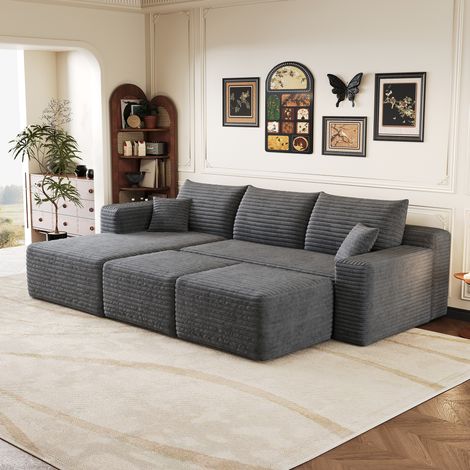 Canapé d'angle gauche modulable 3 places avec 2 ottoman, en velours côtelé, gris foncé