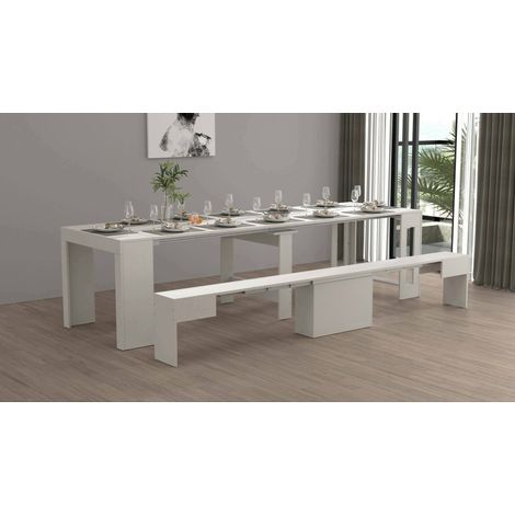 Dmora - Conjunto de mesa y sillas Crispin, Composición multiusos, Conjunto con consola y 1 banco extensible, 100% Made in Italy, 66x25h45 cm, Blanco, con embalaje reforzado (1/5)