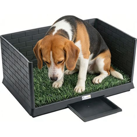 Toilette chien gazon artificiel parois hautes plateau coulissant drainage, 75x51x36,5 cm, noir (1/5)