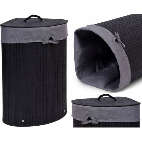 CESTINO ANGOLARE PER LA BIANCHERIA DA BAGNO IN BAMBÙ, NERO, CON COPERCHIO, 60L