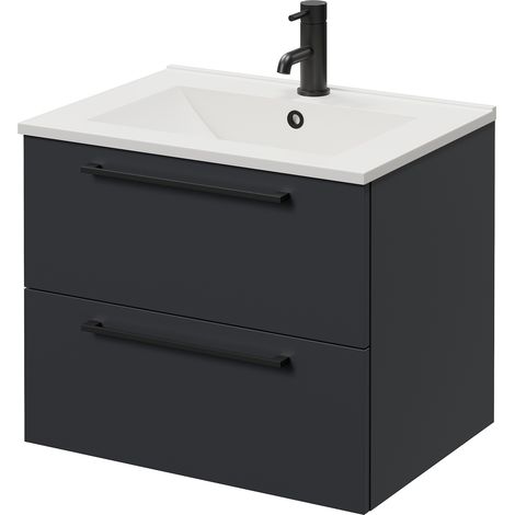 Napoli 460 Gloss Grey 600mm Wall Mounted 2 Drawer Vanity Unit with Angel Basin - 600mm - Matt Black 320mm Handle