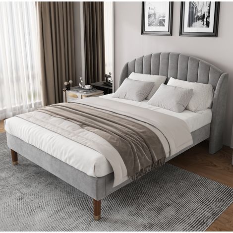 Letto imbottito moderno 160x200 cm in velluto grigio con testiera alta imbottita e rete a doghe in legno (1/5)