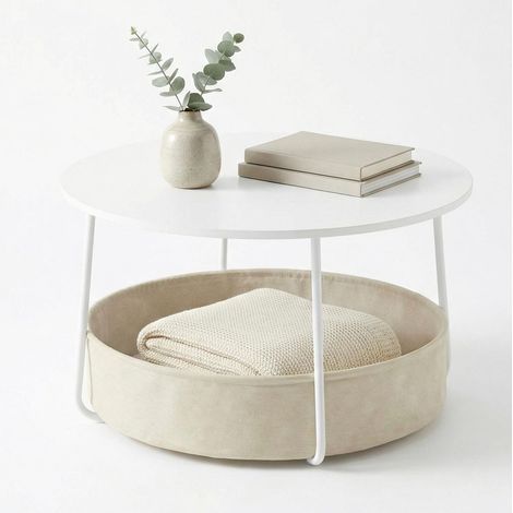 FurnitureR Round Coffee Table with Storage, High Gloss White Center Table for Living Room with Fabric Basket, D7575H45.5cm