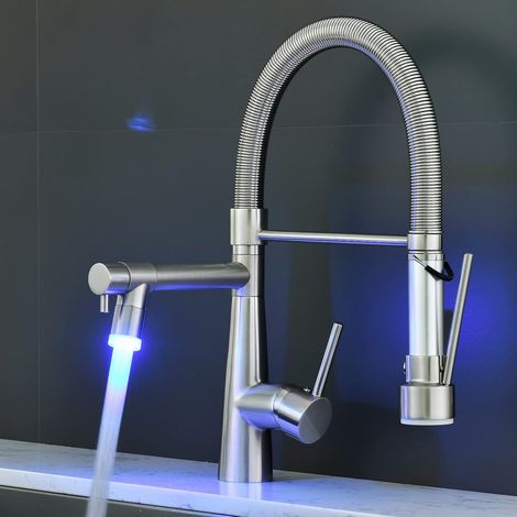 Robinet de cuisine à LED, douchette extensible avec blocage, pivotant à 360°, jet rétractable, haute pression, noir