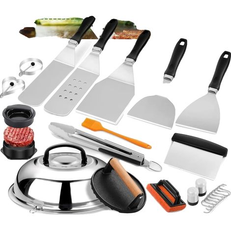 Juego de 27 utensilios de cocina de acero inoxidable para parrilla con mangos antideslizantes, herramientas versátiles para cocinar, aptos para lavavajillas. (1/5)