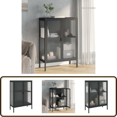 Buffet noir 75x35x105 cm verre et acier - Buffet - Armoire - Meuble De Rangement - Mobilier - Design Moderne