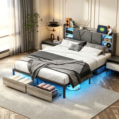 Doppelbett 160 x 200 cm mit Stauraum im Kopfteil, RGB-LED-Beleuchtung und USB-Anschluss, schwarzem, gepolstertem PU-Kopfteil – 2 Schubladen – Lattenrost