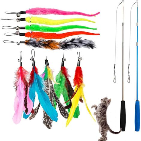Interchangeable Chat Jouets en Plumes, Baguette pour Chaton avec Cloche, Rétractable Canne a Peche Jouet, 2 Bâtons de Baguette Rétractable pour Chat et 10 Plumes de Remplacement avec Cloche, 12 Pièces (1/5)