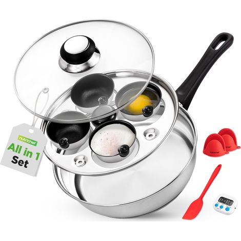 Poêle à Œufs Pochés 4 Moules en Inox 20 cm – Cuiseur à Œufs Antiadhésif avec Couvercle en Verre, Minuterie et Accessoires, Compatible Induction, Gaz et Électrique, Pour Œufs Pochés Parfaits (1/5)