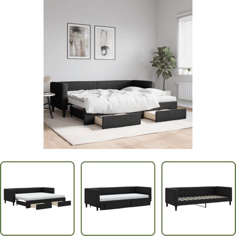 vidaXL Lit gigogne - Lit de jour avec gigogne et tiroirs noir 80x200 cm tissu (1/5)