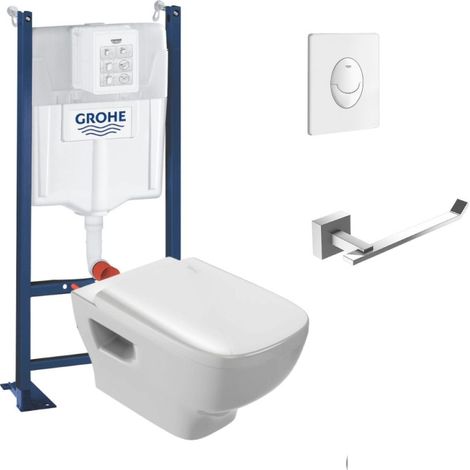 Pack inodoro suspendido sin borde JACOB DELAFON Struktura + estructura soporte GROHE + placa Start blanca + portarrollos cuadrado