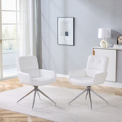 [Lot de 2] Chaise pivotante design européen élégant et léger : revêtement en simili cuir blanc (PU) + pieds en métal argenté, rotation à 360°, idéal pour salle à manger et espace détente. (1/5)