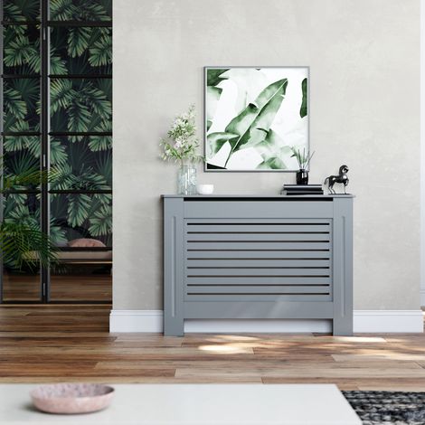 ELEGANT Grey Medium Radiator Covers Horizontal Slat MDF Paint Cabinet Radiator Shelves for Office, Living Room, Bedroom (1/5)