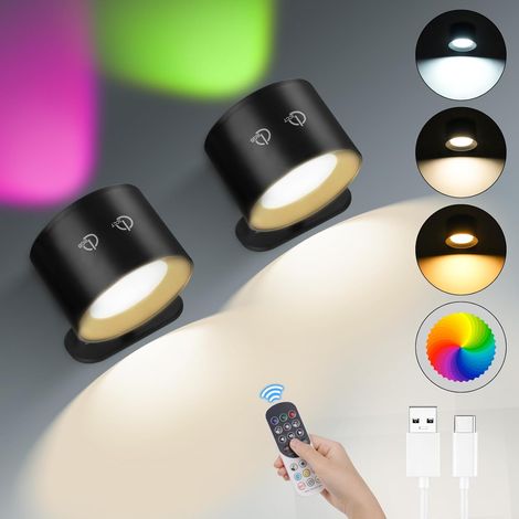 Applique Murale Intérieure, 2 Pièces 12 Couleurs Doubles Lumieres Latéraux Rotatifs 360°, Télécommande et Commande Tactile, Lampe Murale avec Minuterie, pour Chevet Chambre Salon Ambiante (1/5)