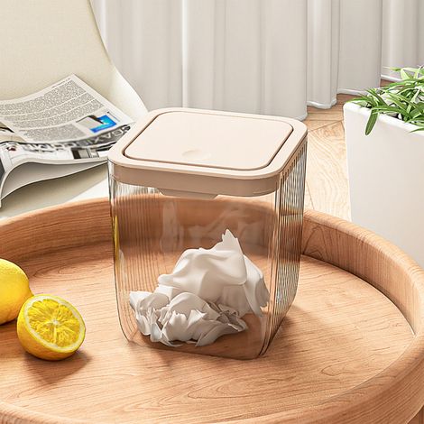 Poubelle de Bureau en Plastique, Mini Poubelle Claire avec Couvercle Démontable pour Bureau et Maison, Poubelle Press-Type de 14x14x16.3cm (1/5)