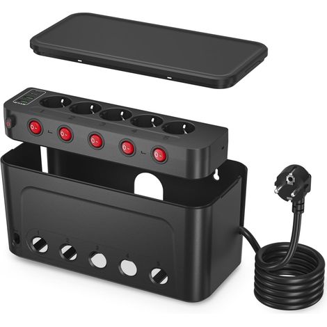 Boite Rangement Cable avec Multiprise,Boite Cache Cable Prise Multiple USB  Cache Multiprise 5 Prises avec Interrupteur Individuel,Parafoudre et Surtension,Rallonge Electrique 1,5m,Pour Bureau,Noir (1/5)