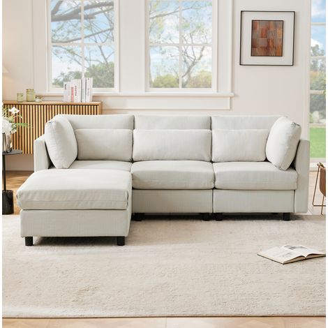 Sofá 220x83x81 Cm Lino Beige, 3-4 Plazas Con Reversible Móvil Y 5 Cojines Incluidos (1/5)