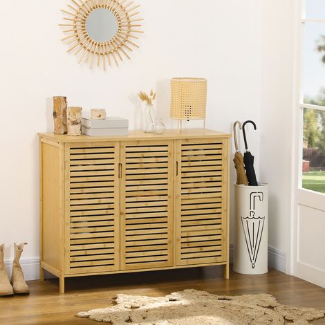 Armoire de rangement pour chaussures en bambou naturel - 2 battants et 8 tablettes - meuble d’intérieur en bois clair (1/5)