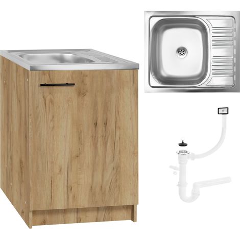 Meuble de cuisine - Évier en inox - Chêne doré - Grande cuve - Installation facile