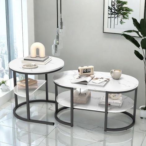 Table Basse Gigogne 2 en 1 Blanche Effet Marbre avec Structure en Métal, Table Basse Salon Ronde et Ovale avec Étagère de Rangement,Dimensions 80 x 46 x 41 cm et Ø 52 x 51H cm, Noir (1/5)