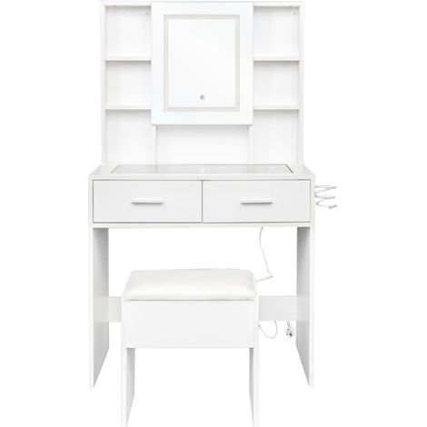 Schminktisch mit beleuchtetem Spiegel, Schminktisch mit 3 Farblichtoptionen, einstellbarer Helligkeit, Schminktisch mit 6 Ablageflächen, 2 großen Schubladen, Schminktisch-Set für Mädchen und Frauen, W
