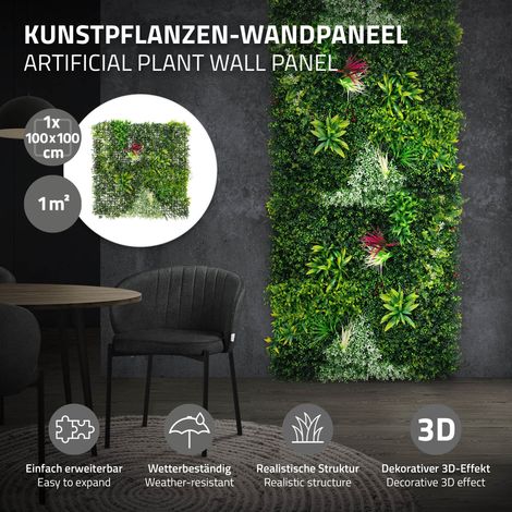 ECD Germany Kunstpflanzen Wandpaneel 100x100 cm Tropical Glow, Künstliche Pflanzenwand Outdoor, Wandgarten UV-beständig, Blumenwand, Sichtschutz-Hecke, Künstliche Pflanzen Deko für Wand Balkon Garten