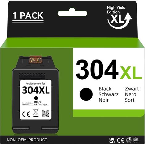 Cartouche d'encre Noir 304XL Remanufacturées - Compatible avec HP 304XL - pour HP Envy 5030, 5032, 5020, 5010, Deskjet 3760, 2630, 3750, 2620, 3720 - Haute capacité (1 Pack) (1/5)