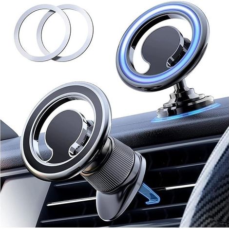 Support magnétique téléphone voiture – Compatible MagSafe – Fixation tableau de bord ou grille – Pivotant 360° – Pour tous smartphones (1/5)