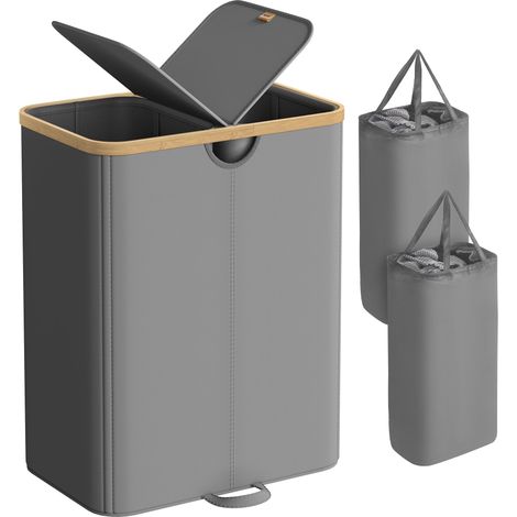 SONGMICS Cesto Portabiancheria a 2 Scomparti, Porta Biancheria 150 L, con Coperchio, Sacchi Interni Rimovibili, per Lavanderia Camera da Letto Soggiorno, Grigio Ardesia e Beige Naturale LCB523G01 (1/5)