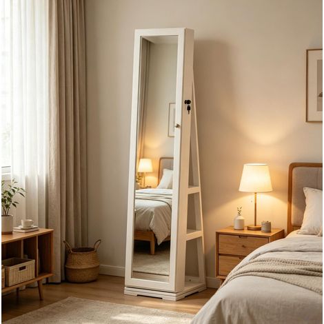 Armoire à bijoux pivotante 360° avec miroir sur pied MDF et verre blanc 38 x 38 x 160 cm OKWISH (1/5)